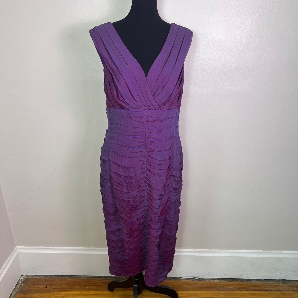 Tadashi Collection Silk Ruched Midi Dress 14 Purple Iridescent Cocktail Designer